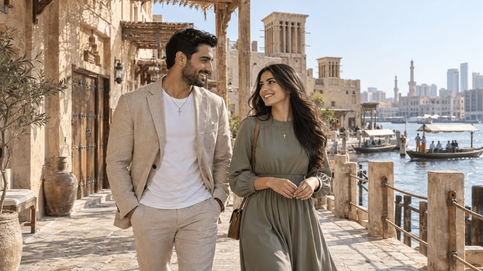 زوجان يرتديان قلائد على شكل صليب يتمشيان في السيف بدبي، مع الخور والمباني التقليدية في الخلفية.