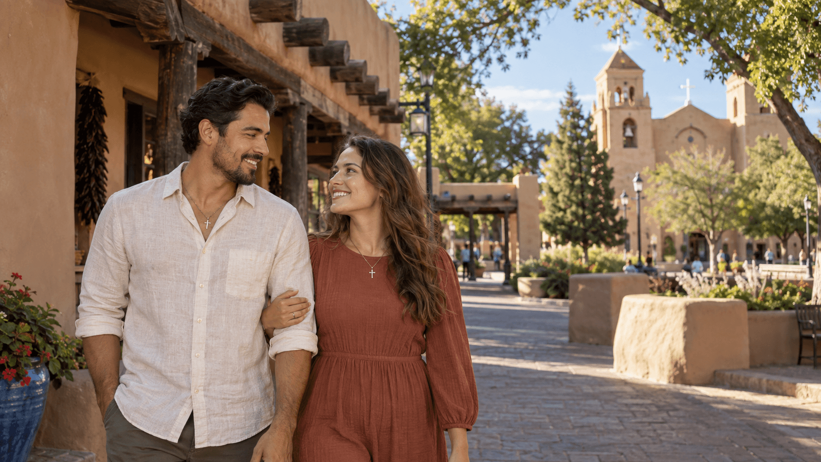 Couple wearing cross necklaces beside adobe architecture in an Albuquerque Old Town-inspired scene.