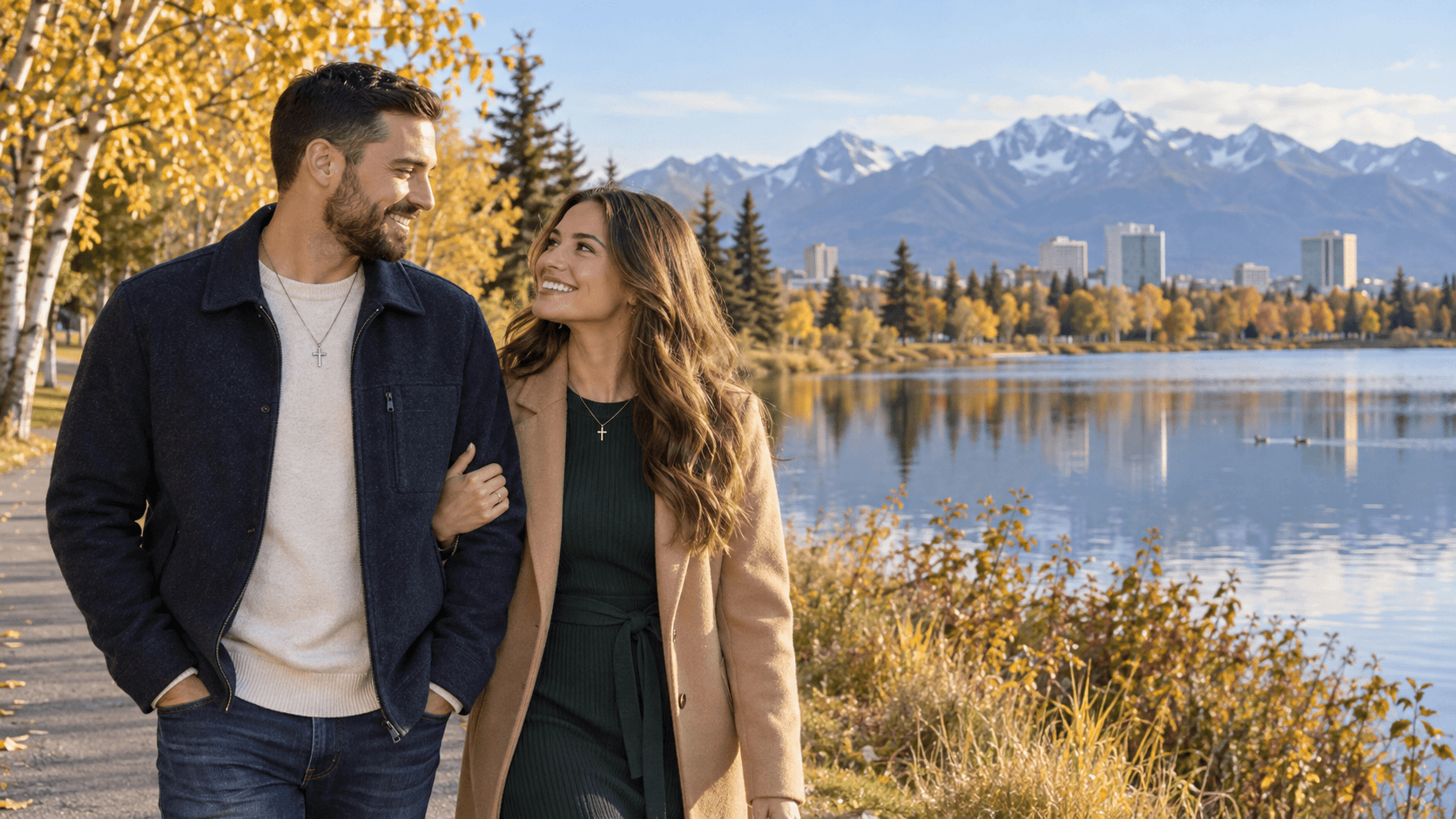 Couple wearing cross necklaces beside Westchester Lagoon in Anchorage, with autumn trees and mountains in the background.