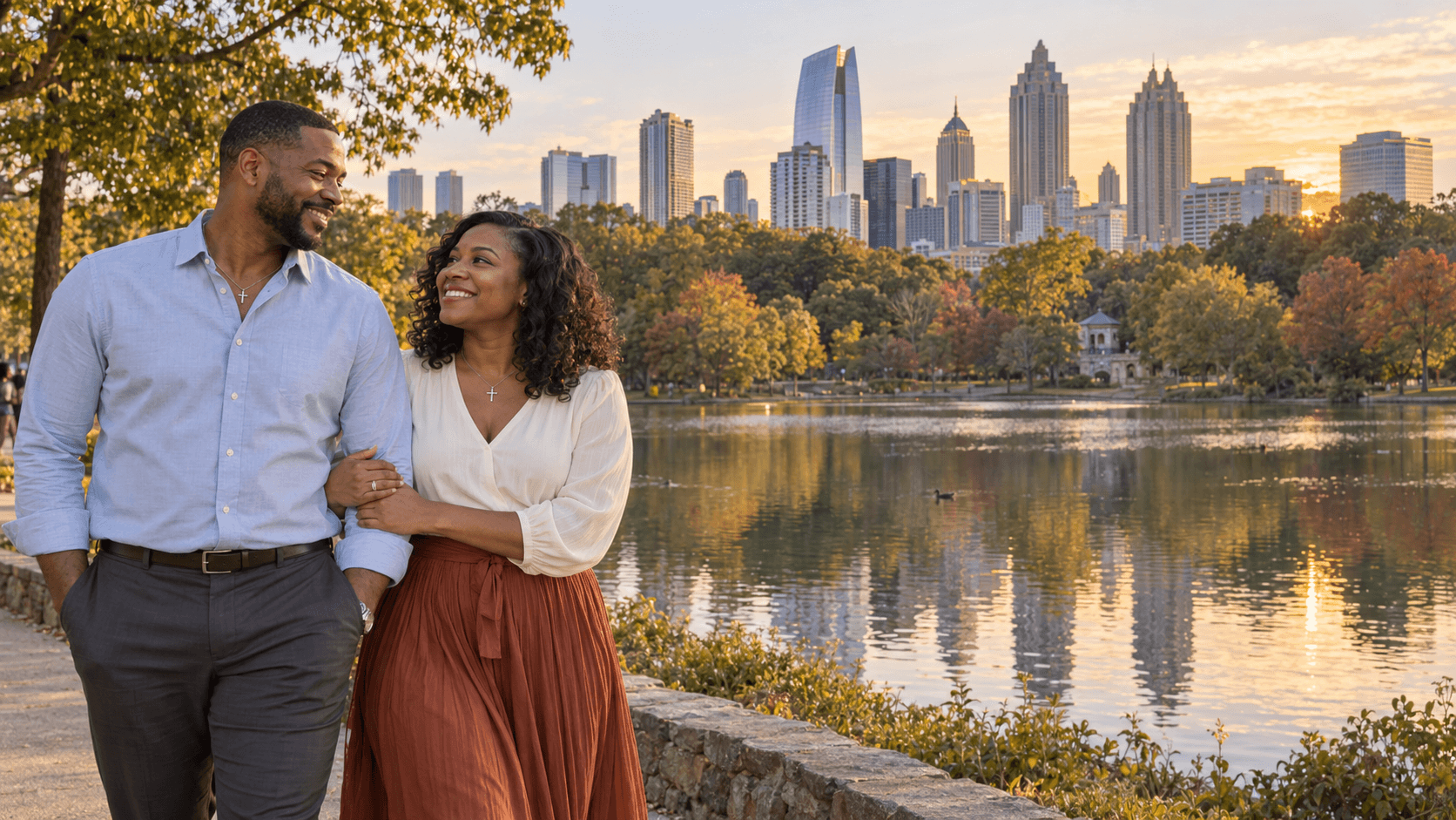 Couple wearing cross necklaces beside a park lake with the Midtown Atlanta skyline in the background.