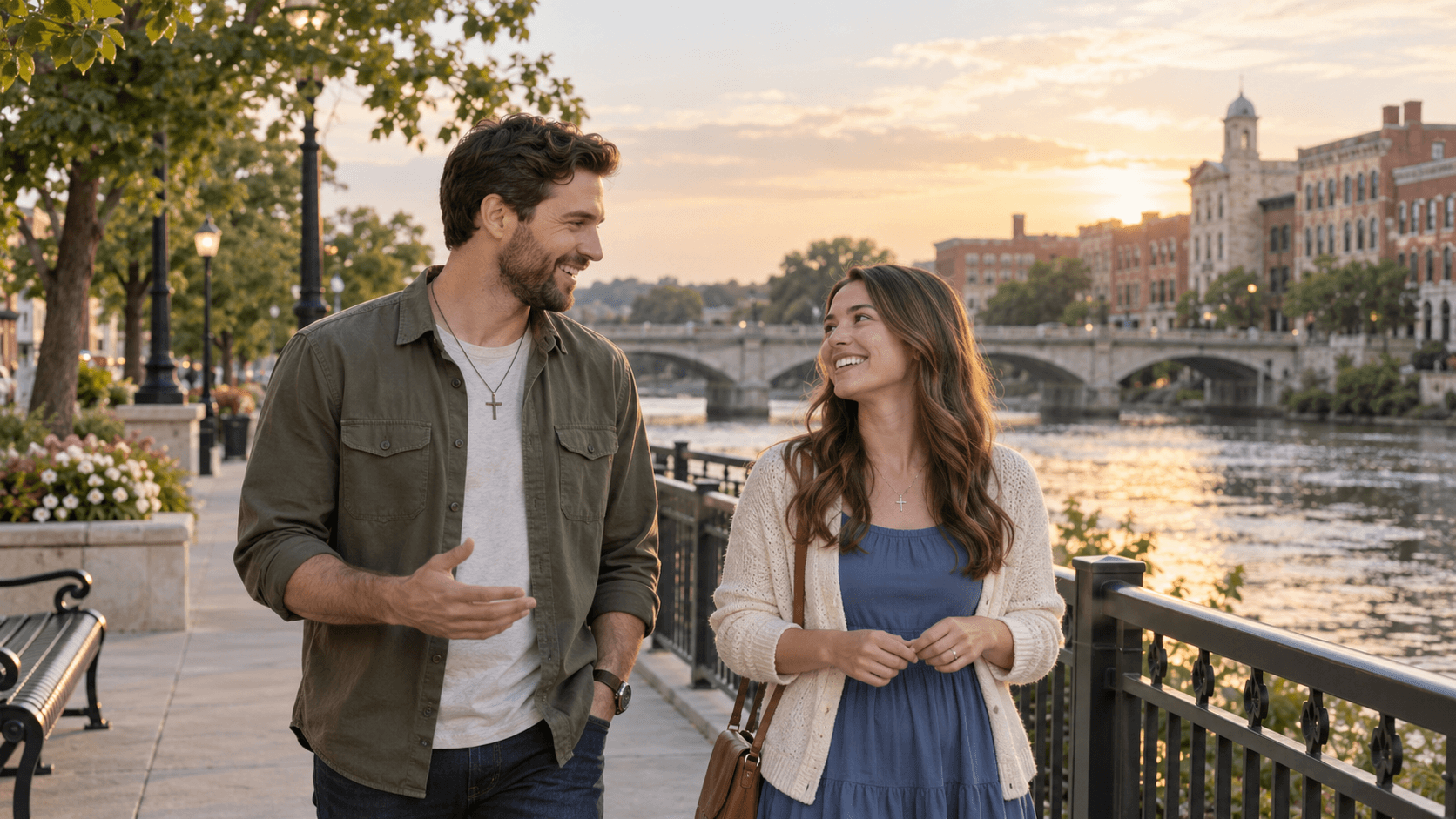 Couple wearing cross necklaces beside the Fox River and historic downtown buildings in an Aurora, Illinois-inspired scene.
