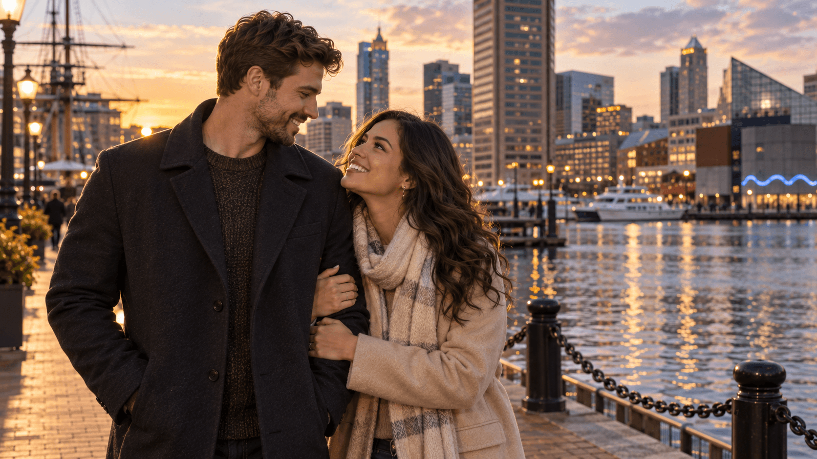 Couple wearing cross necklaces beside a Baltimore Inner Harbor-inspired waterfront.