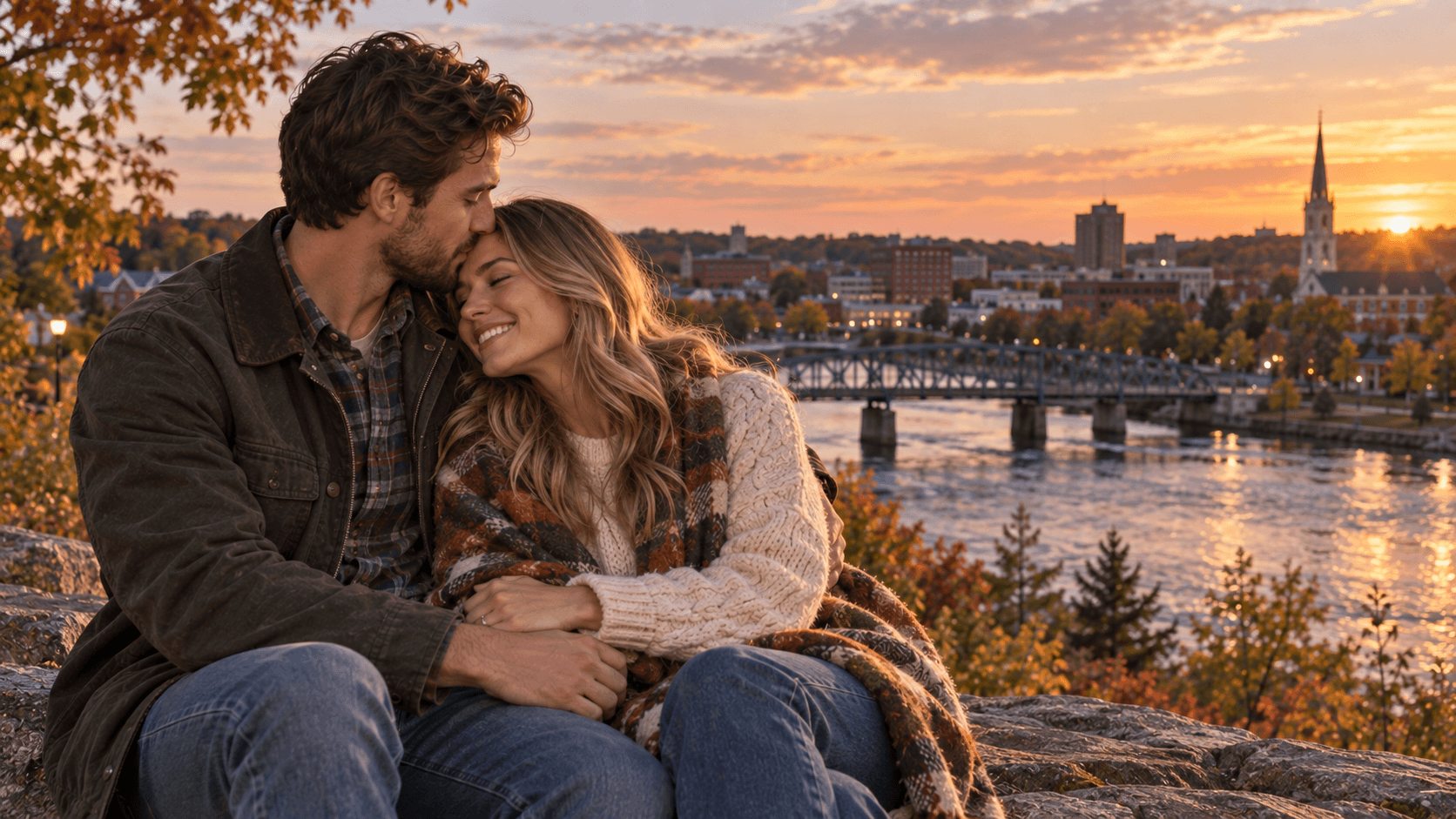 Couple wearing cross necklaces beside a Bangor-inspired Penobscot River waterfront.