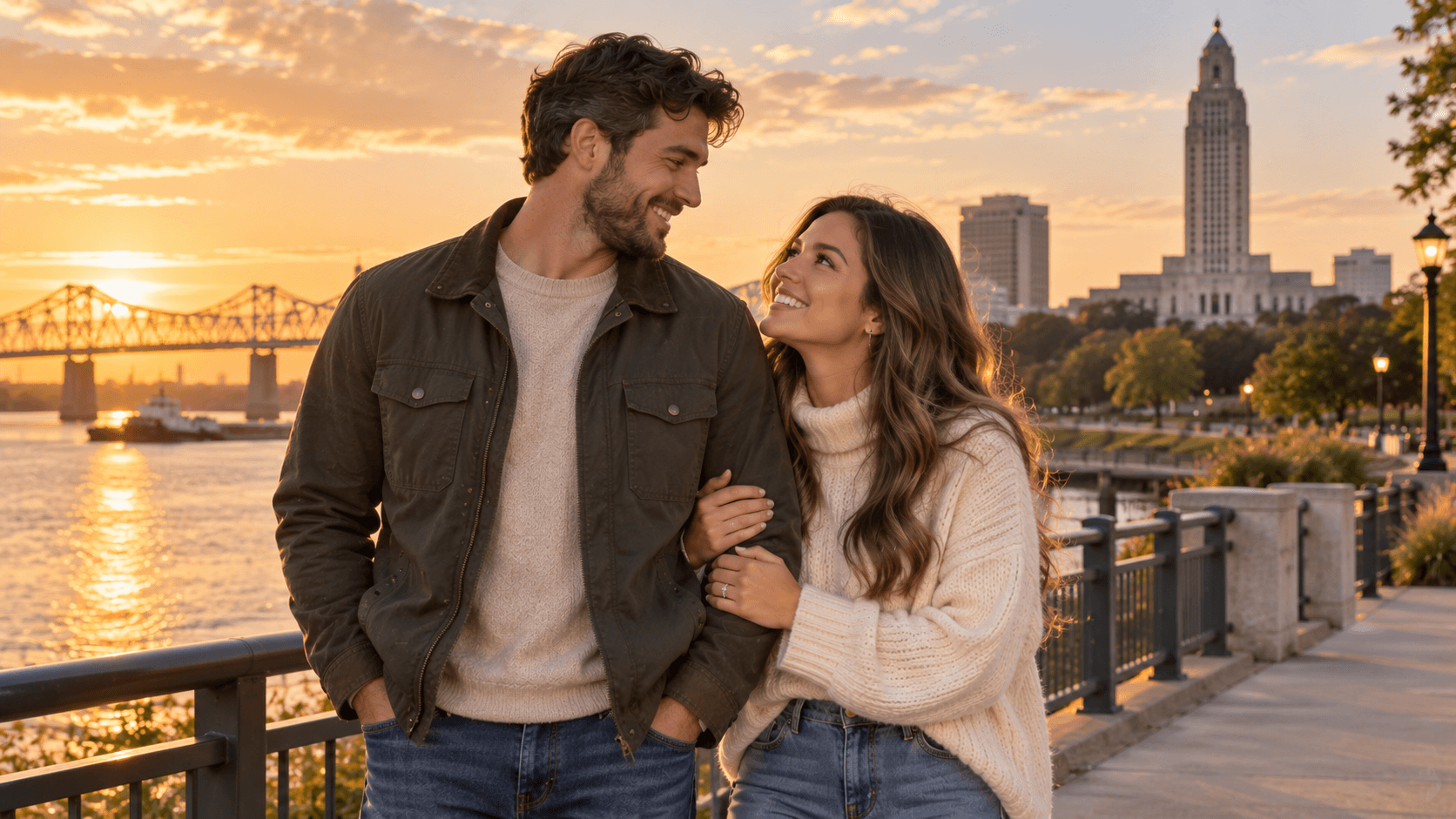 Couple wearing cross necklaces beside the Mississippi River in a Baton Rouge-inspired setting.