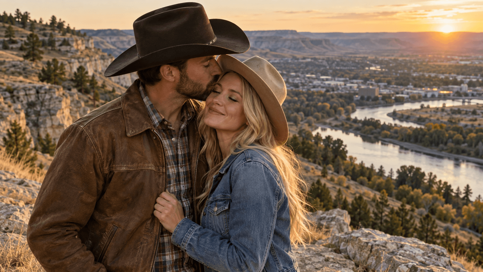 Couple wearing cross necklaces with sandstone Rimrocks in a Billings-inspired landscape.