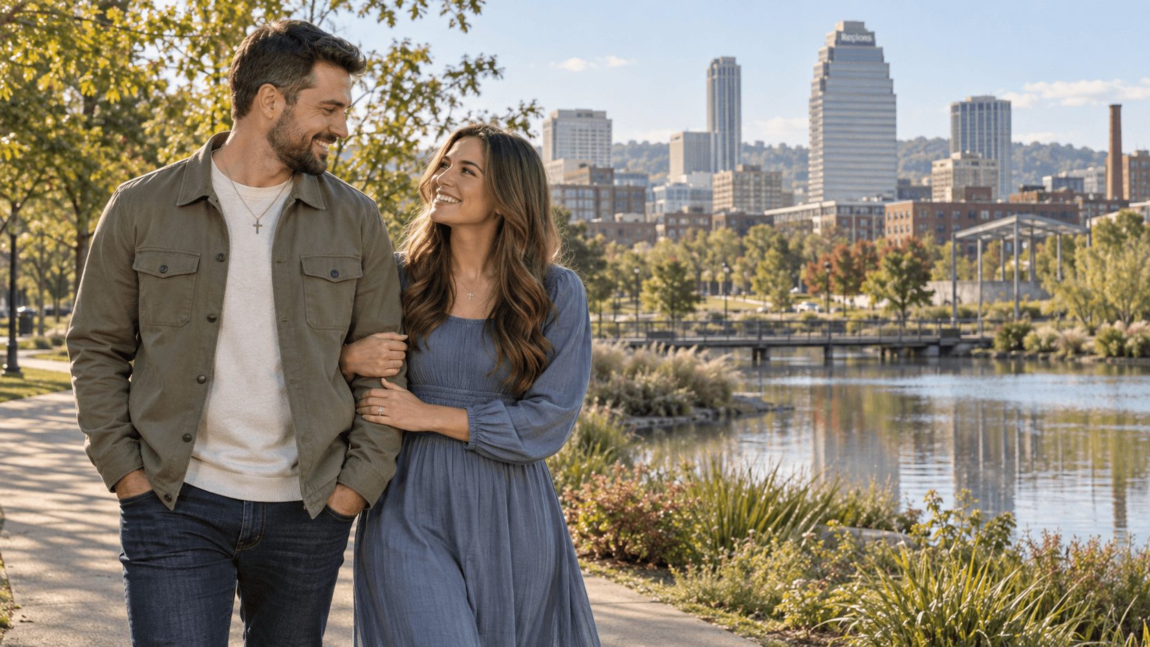Couple wearing cross necklaces at Railroad Park in Birmingham, Alabama, with the downtown skyline behind them.