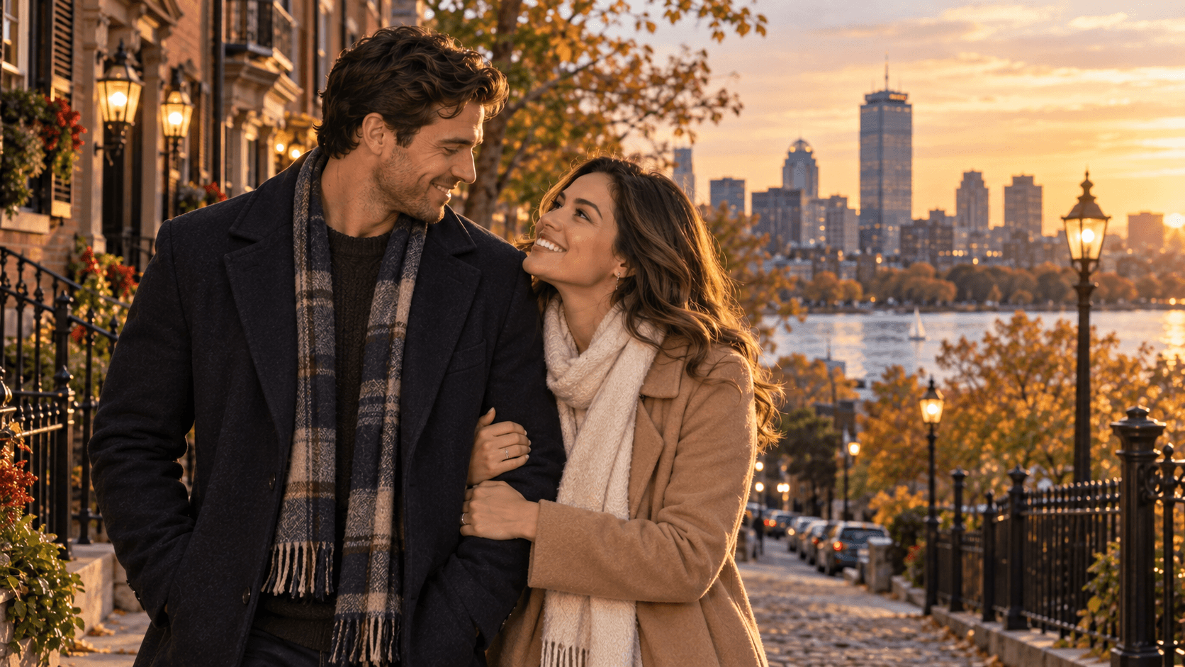 Couple wearing cross necklaces beside a Boston Public Garden-inspired lagoon and footbridge.