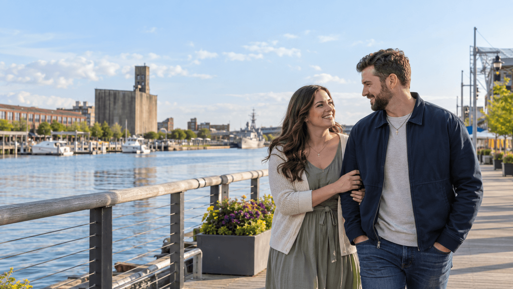 Modestly dressed couple beside the waterfront at Canalside in Buffalo.