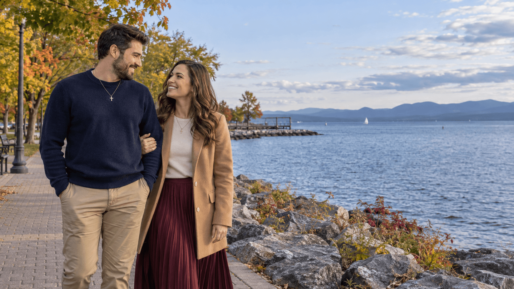 Christian couple beside Lake Champlain on Burlington’s waterfront.