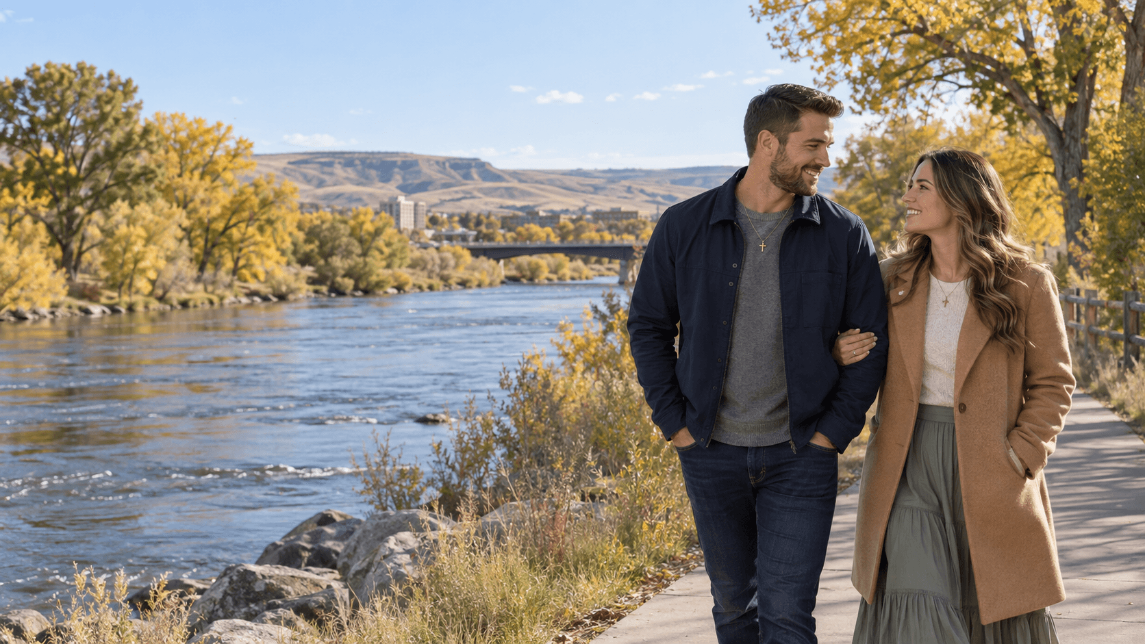 Couple wearing cross necklaces beside the North Platte River on a public Casper trail.