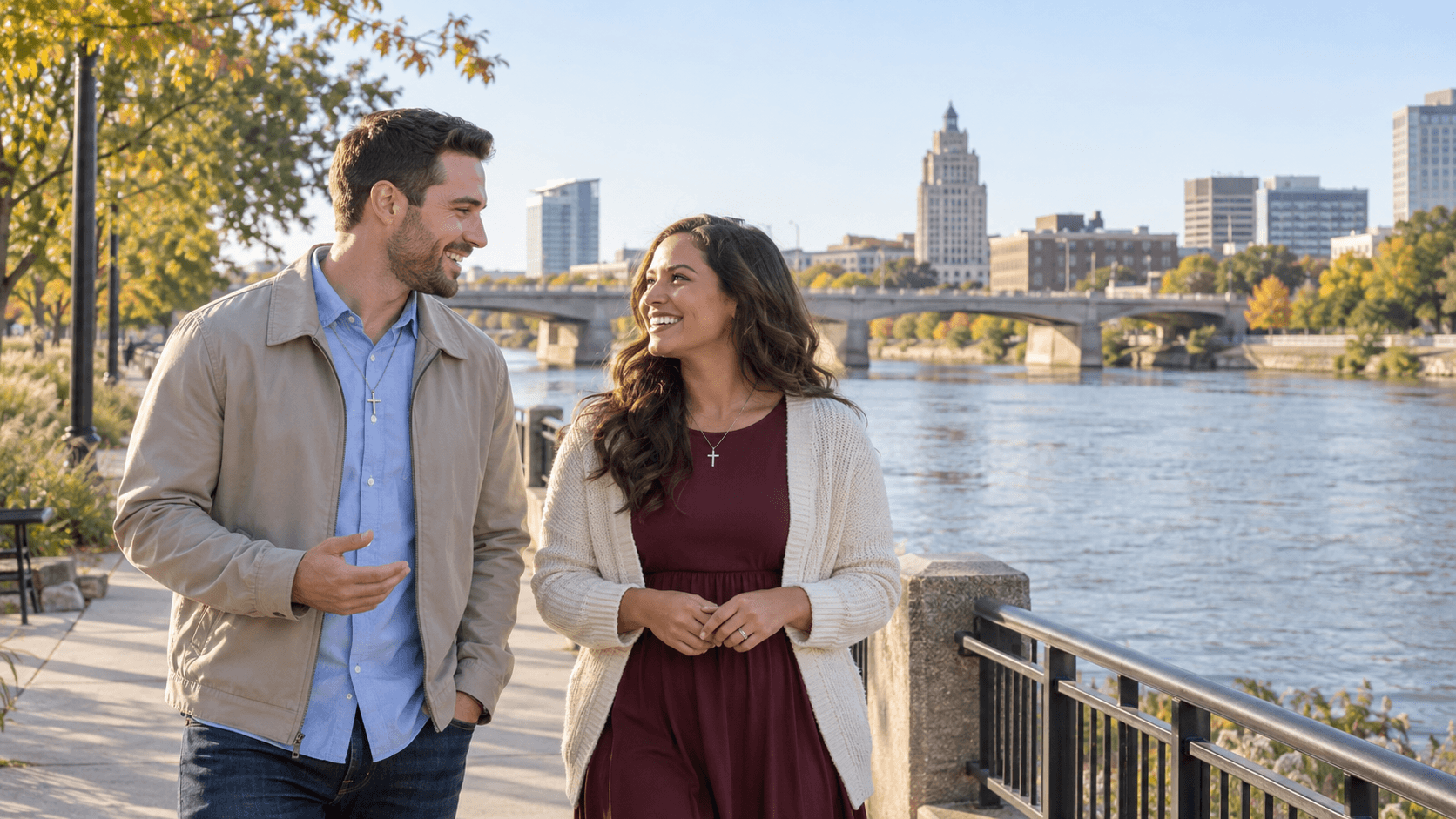 Couple wearing cross necklaces near a Cedar Rapids-inspired riverfront with historic brick buildings.