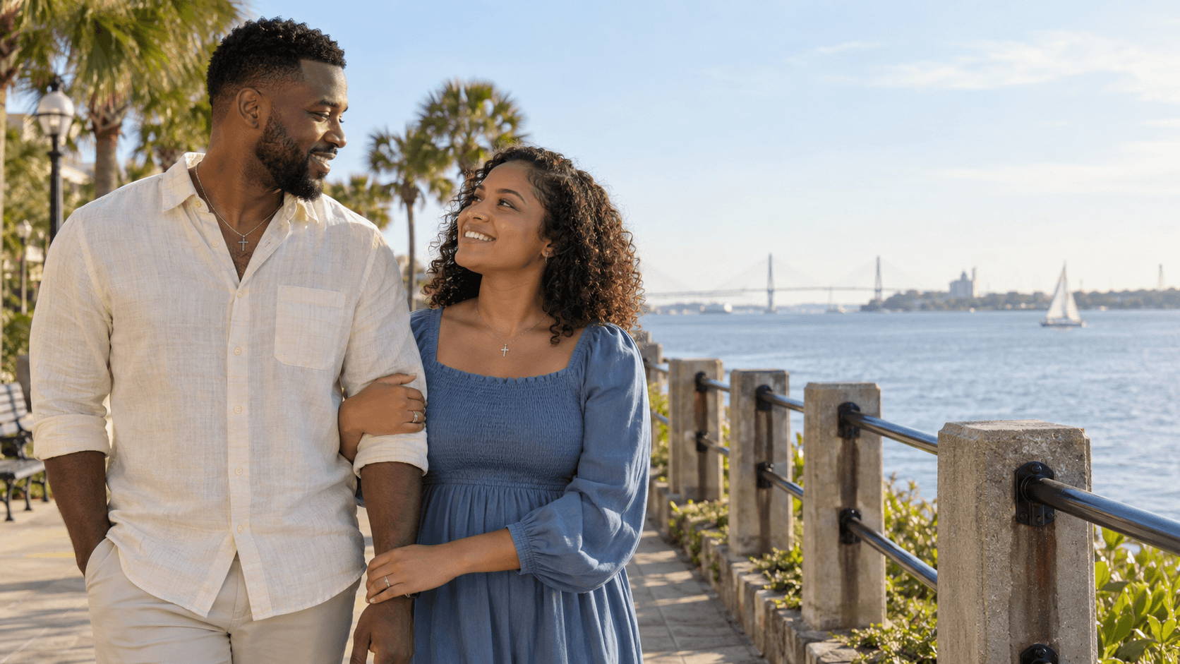 Christian couple beside Charleston Harbor in a Waterfront Park-inspired setting.