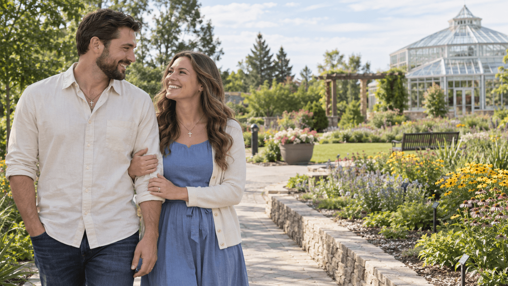 Christian couple on an outdoor path at the Cheyenne Botanic Gardens.