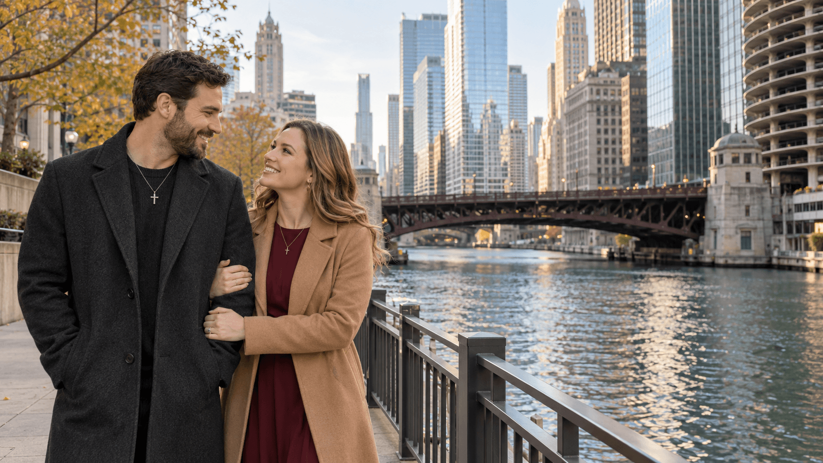 Couple wearing cross necklaces beside Lake Michigan with the Chicago skyline behind them.