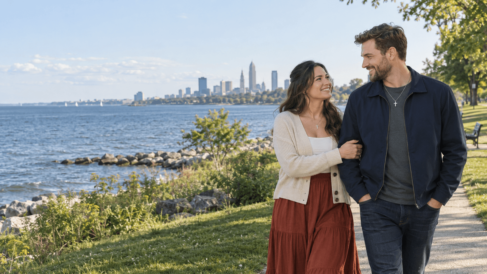 Christian couple on a grassy Edgewater Park path with Lake Erie behind them in Cleveland.