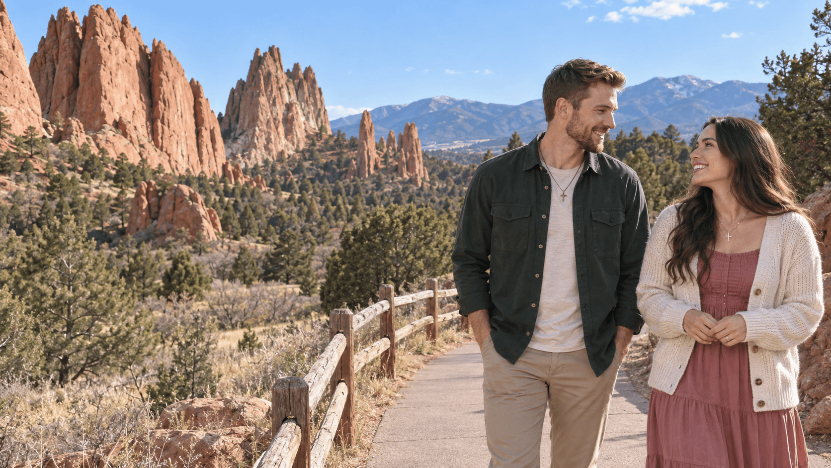 Couple wearing cross necklaces on a path beside red sandstone formations in a Garden of the Gods-inspired scene.