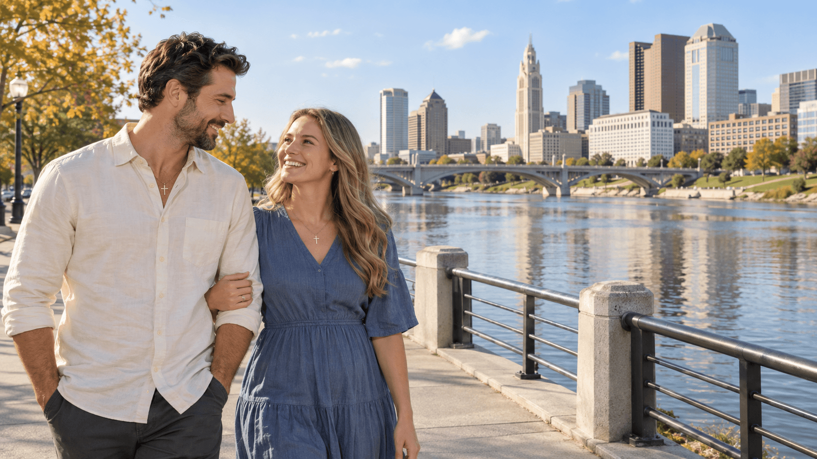 Couple wearing cross necklaces beside the Scioto River in downtown Columbus, Ohio.