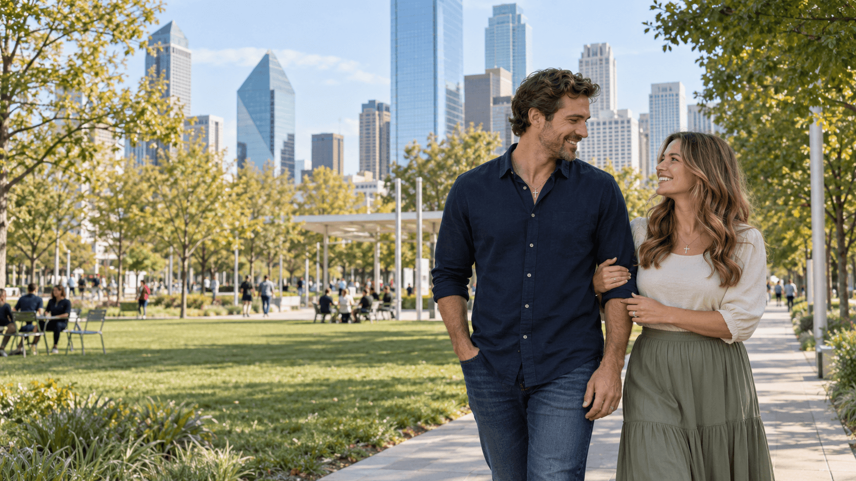 Couple with cross necklaces in a Klyde Warren Park-inspired setting in Dallas.