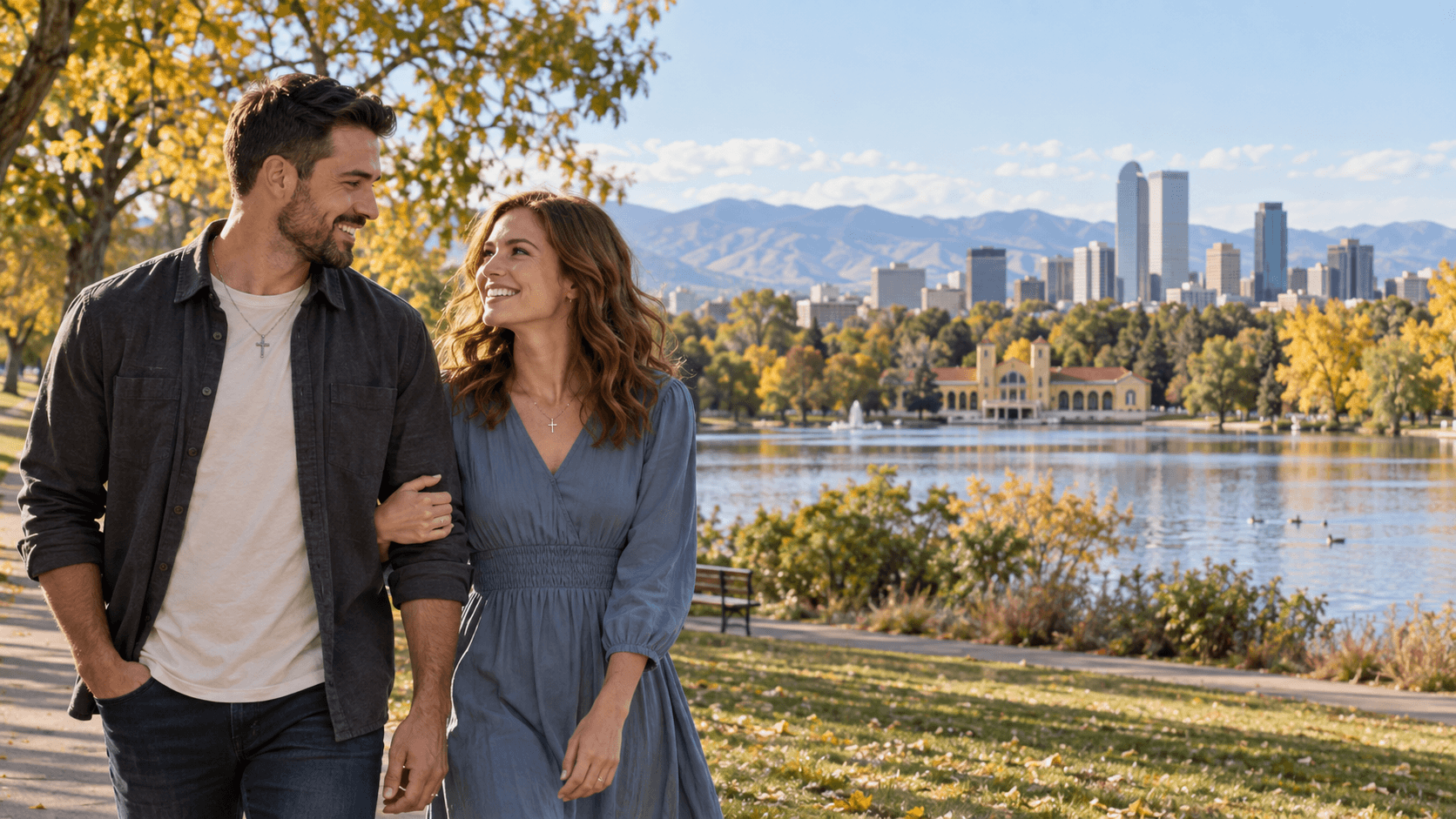 Couple wearing cross necklaces beside a lake with Denver's skyline and mountains in the background.