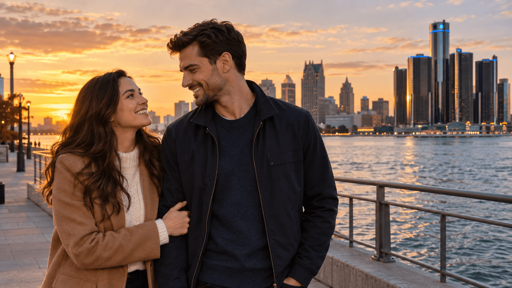 Couple wearing cross necklaces beside the Detroit River with the city skyline in the background.
