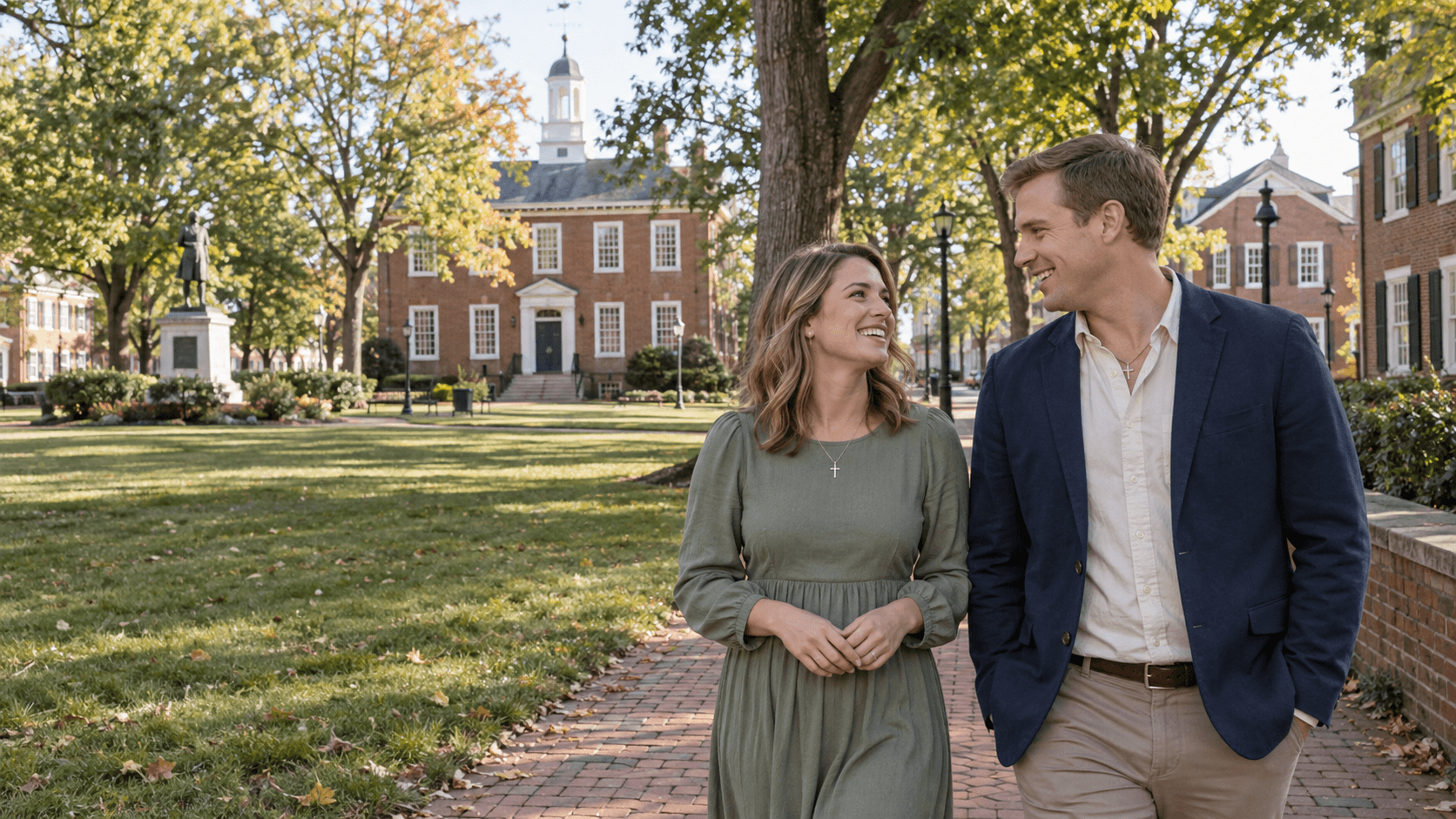 Couple wearing cross necklaces beside a tree-lined green and historic brick buildings inspired by Dover, Delaware.