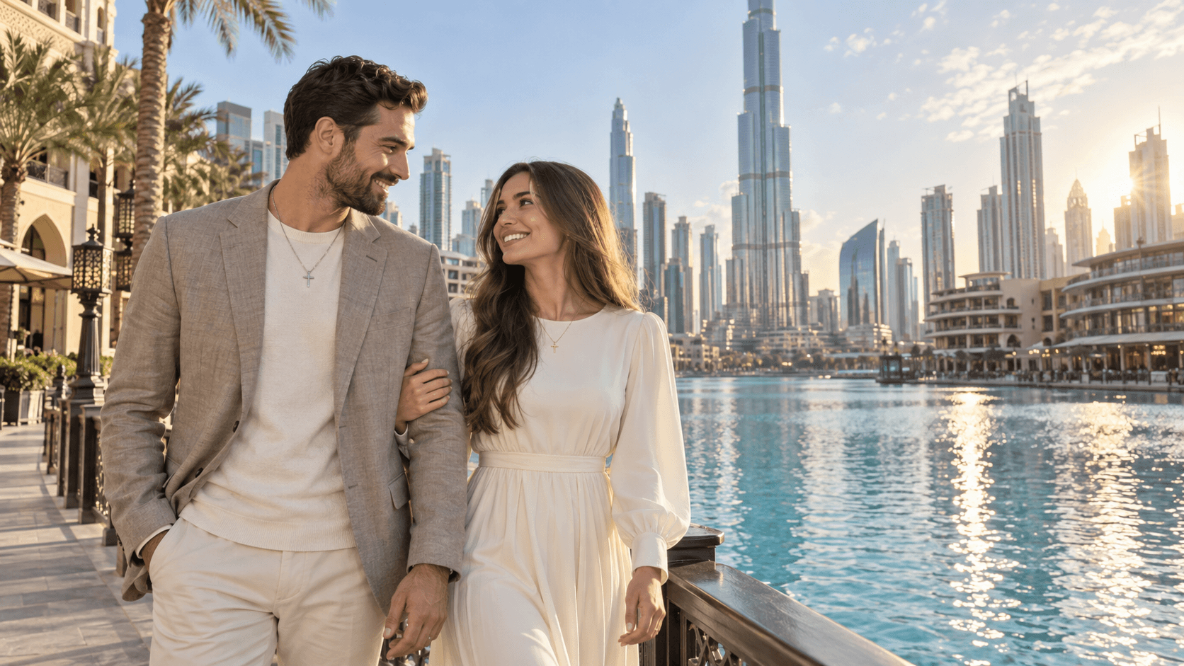 A couple wearing cross necklaces walking beside the water in Downtown Dubai, with Burj Khalifa in the background.