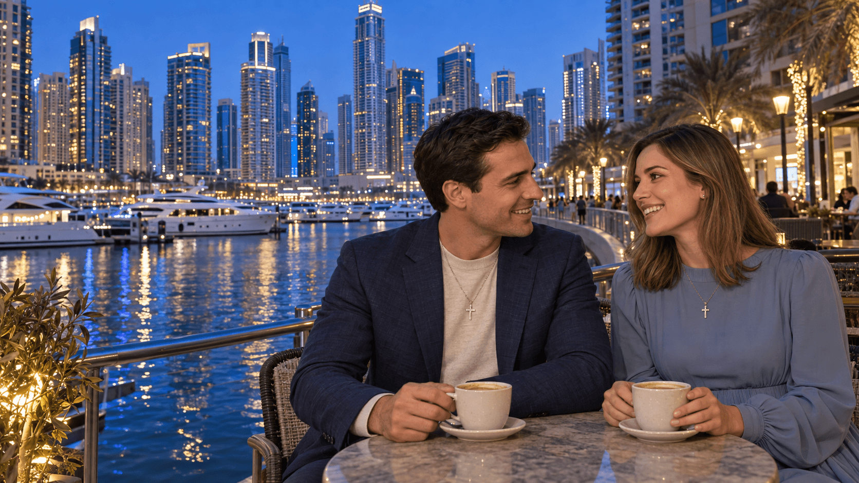 Пара с крестиками на шее в кафе у Dubai Marina на фоне яхт и вечерних небоскрёбов.
