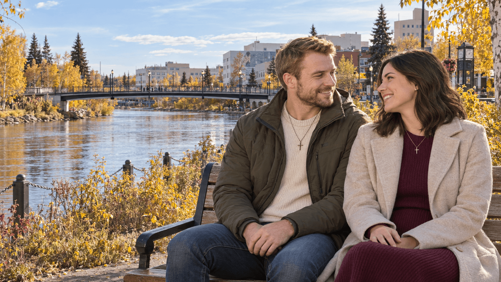 Couple wearing cross necklaces beside the Chena River in downtown Fairbanks, with autumn foliage and the pedestrian bridge behind them.