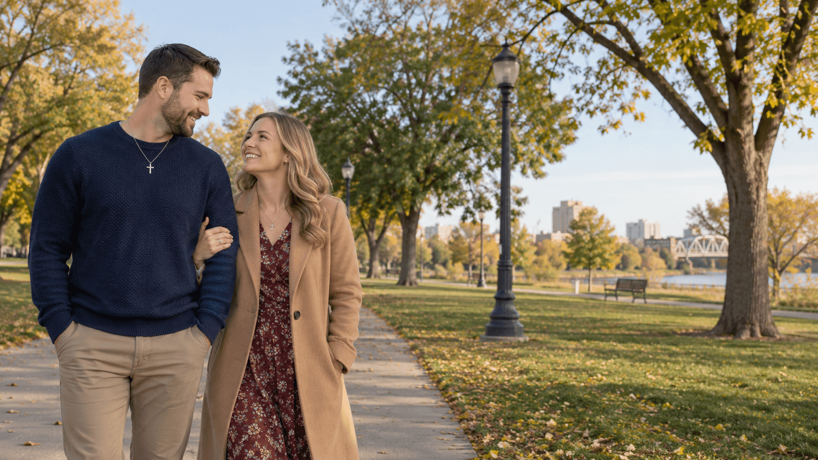 Couple in autumn clothing on a tree-lined Island Park path in Fargo.