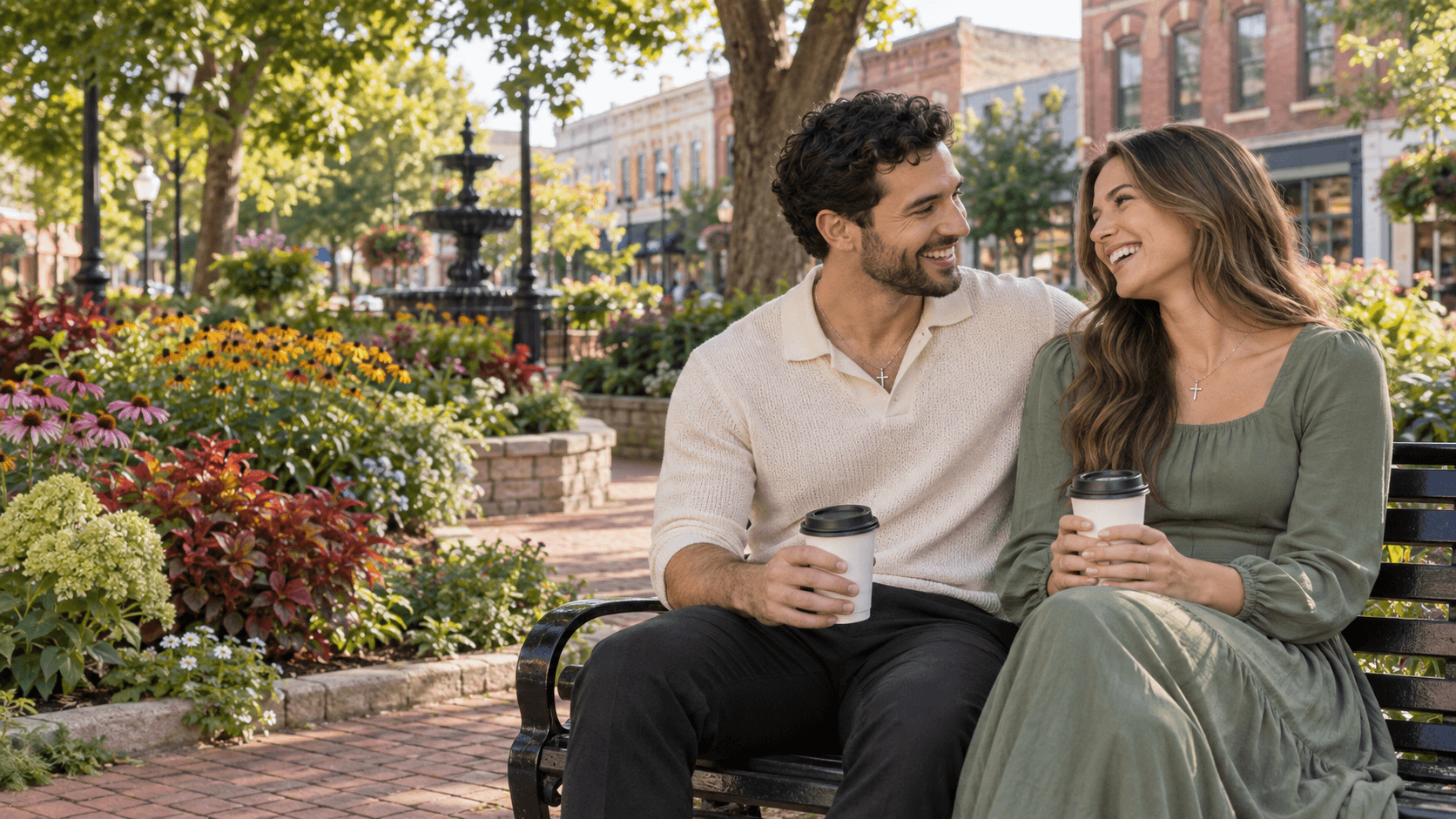 Couple wearing cross necklaces sharing coffee on a bench beside flowers in a Fayetteville, Arkansas-inspired downtown garden.