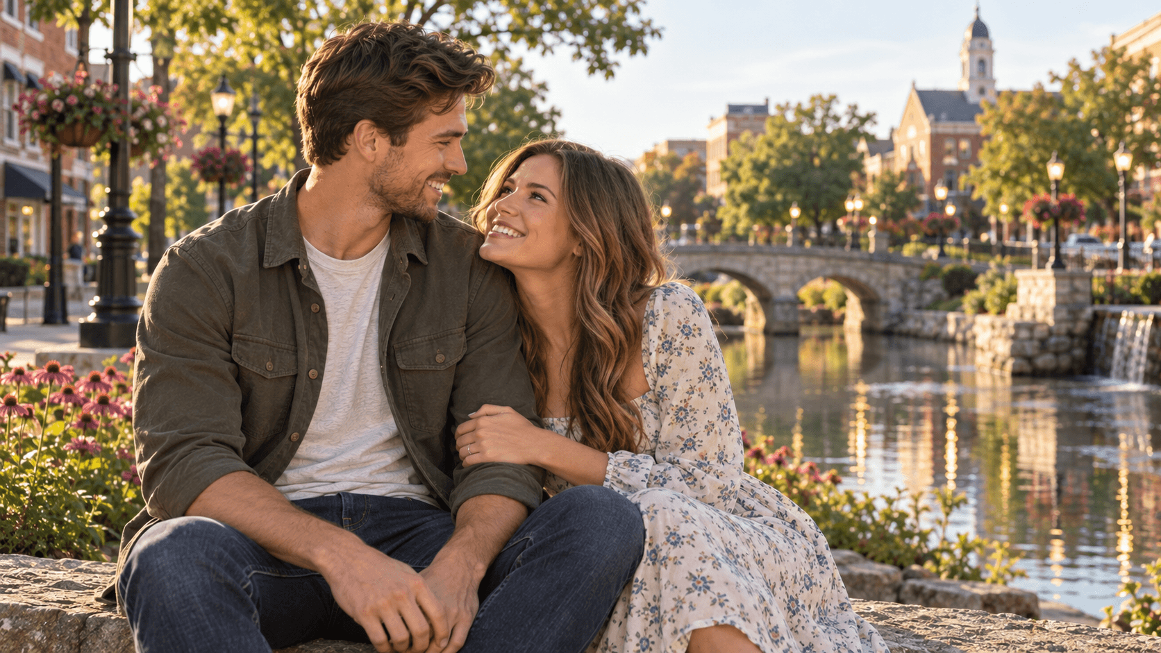Couple wearing cross necklaces beside a Carroll Creek-inspired promenade in Frederick, Maryland.