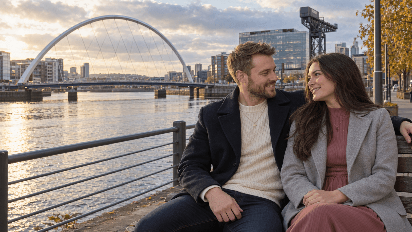 Couple wearing cross necklaces beside the River Clyde in Glasgow, with the Clyde Arc in the background.