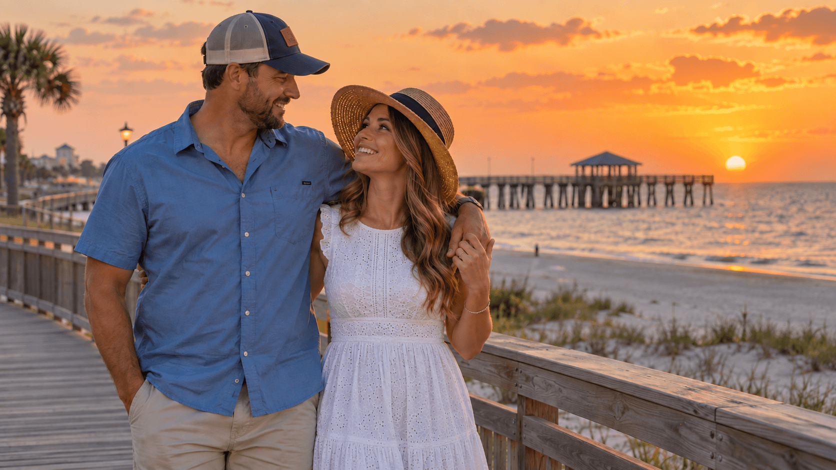 Couple wearing cross necklaces beside the waterfront in a Gulfport, Mississippi-inspired coastal scene.