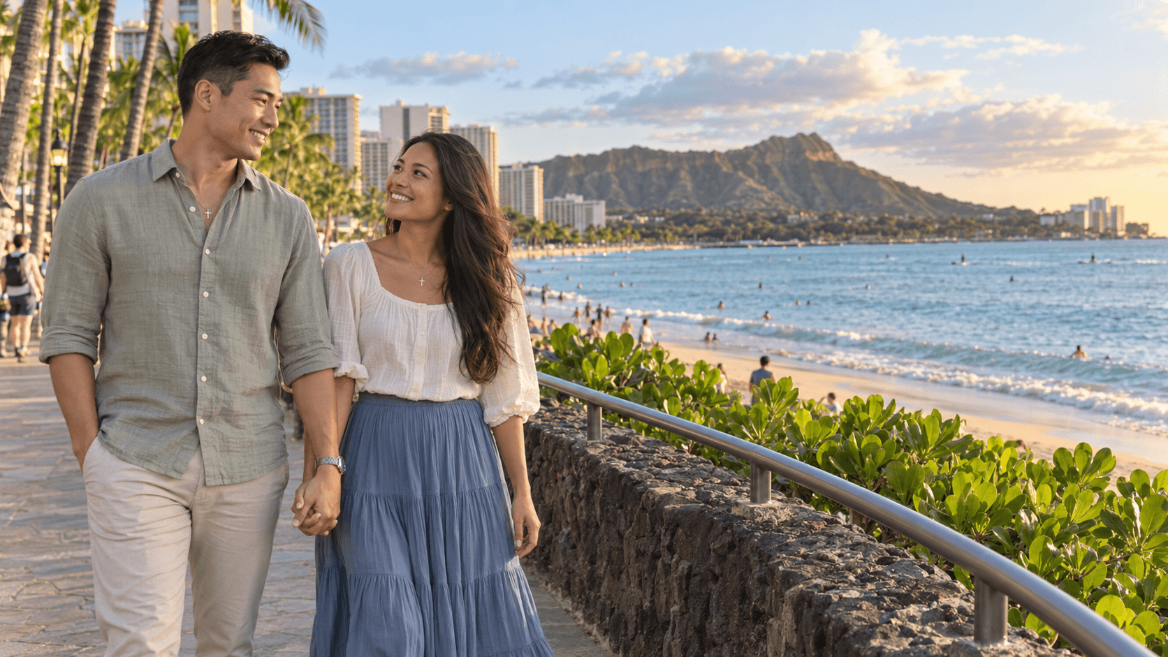 Couple wearing cross necklaces beside the Waikiki shoreline with Diamond Head in the distance.
