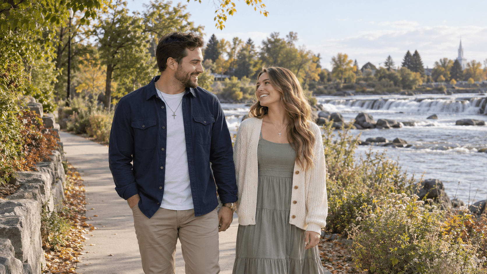 Couple wearing cross necklaces beside the Snake River cascades in an Idaho Falls-inspired setting.
