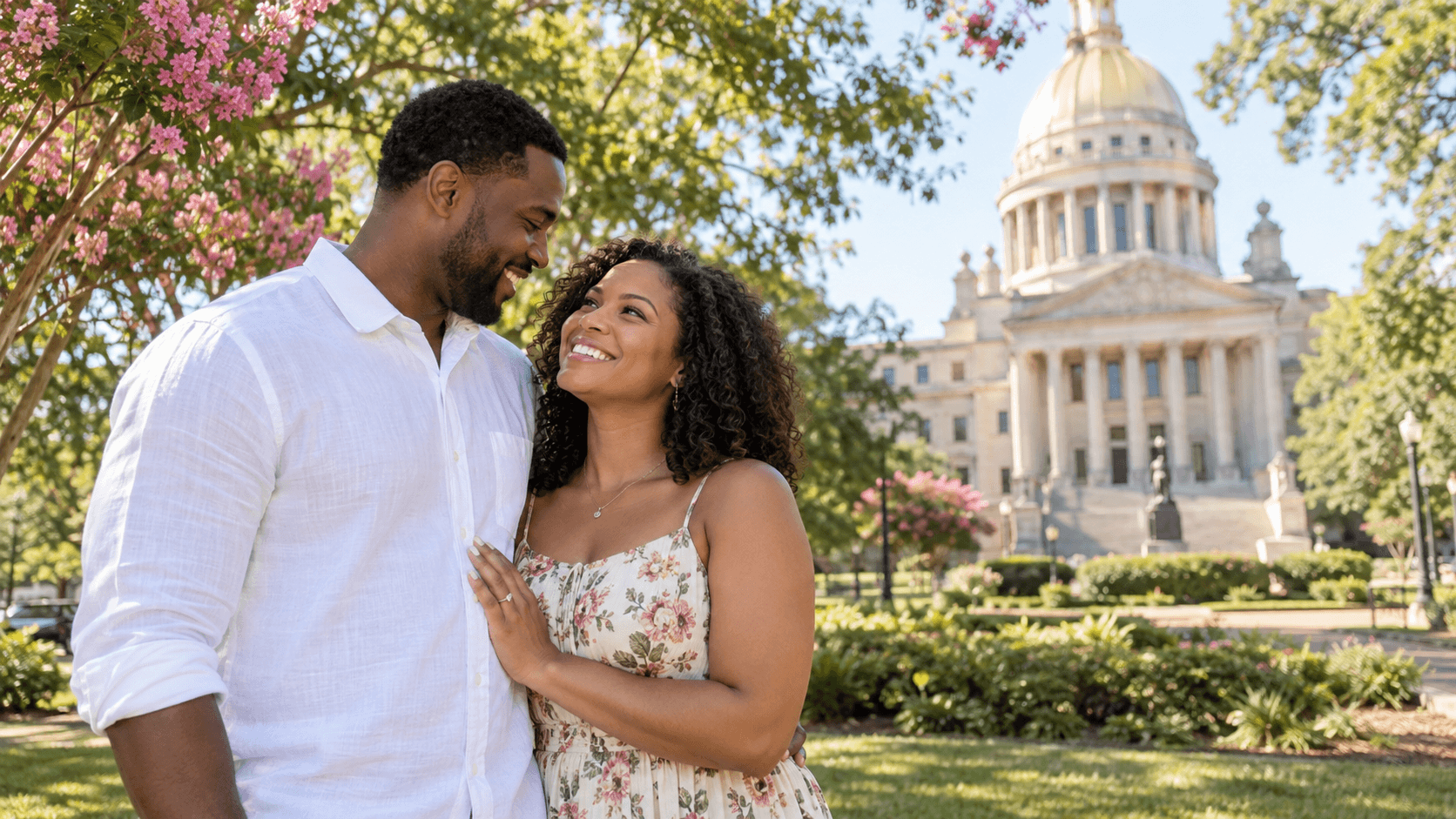 Couple wearing cross necklaces near a historic civic building in a Jackson, Mississippi-inspired downtown scene.