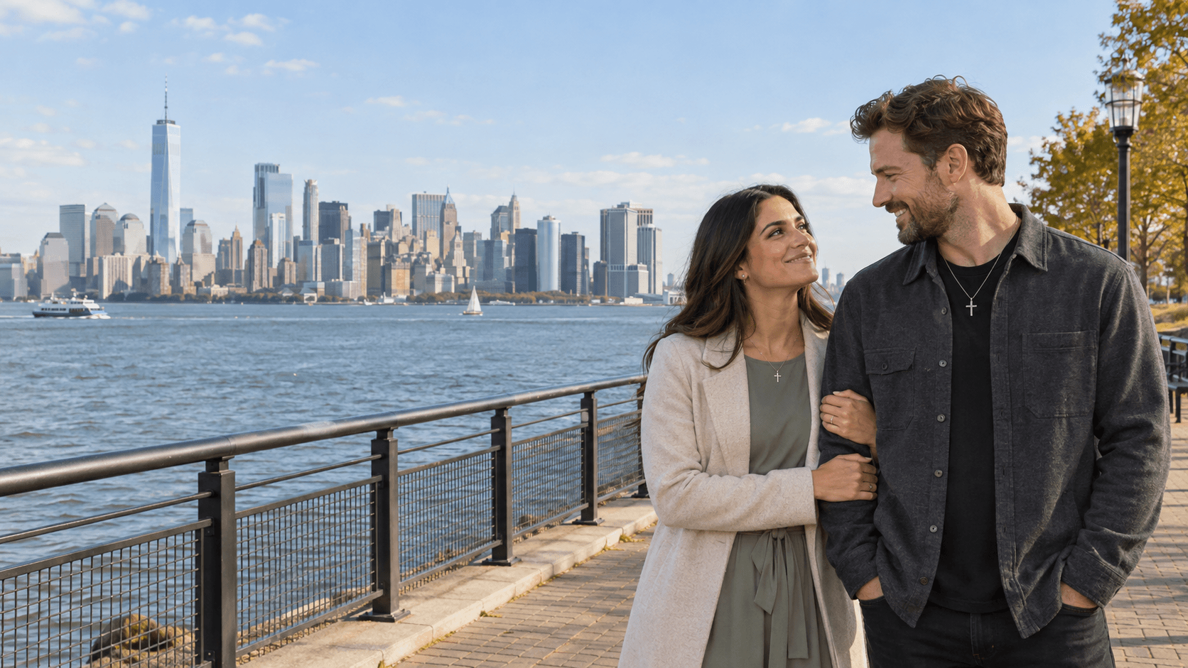 Couple wearing cross necklaces at a Liberty State Park-inspired waterfront with the Manhattan skyline across the water.