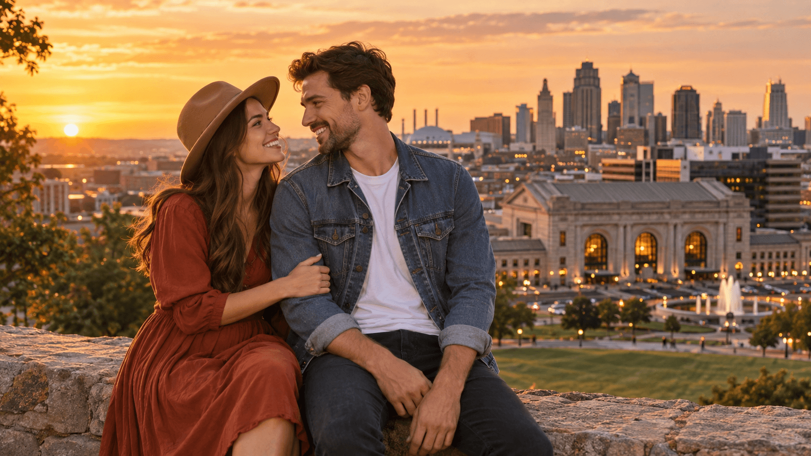 Couple wearing cross necklaces beside a fountain and historic architecture inspired by Kansas City, Missouri.