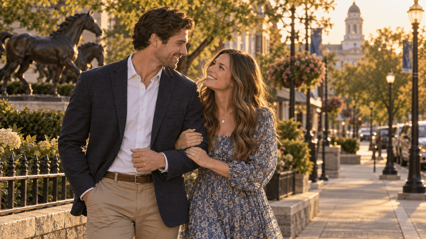 Couple wearing cross necklaces in a leafy downtown Lexington-inspired park.