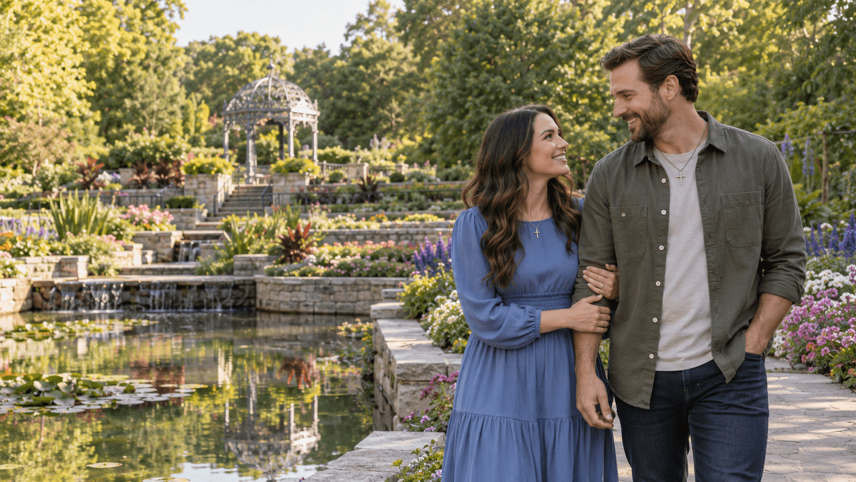 Couple wearing cross necklaces beside terraced flower beds in a Lincoln Sunken Gardens-inspired scene.