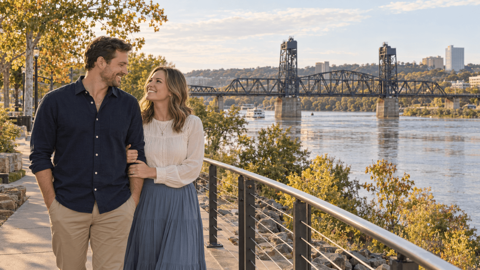 Couple wearing cross necklaces beside the Arkansas River with a steel lift bridge in a Little Rock-inspired scene.
