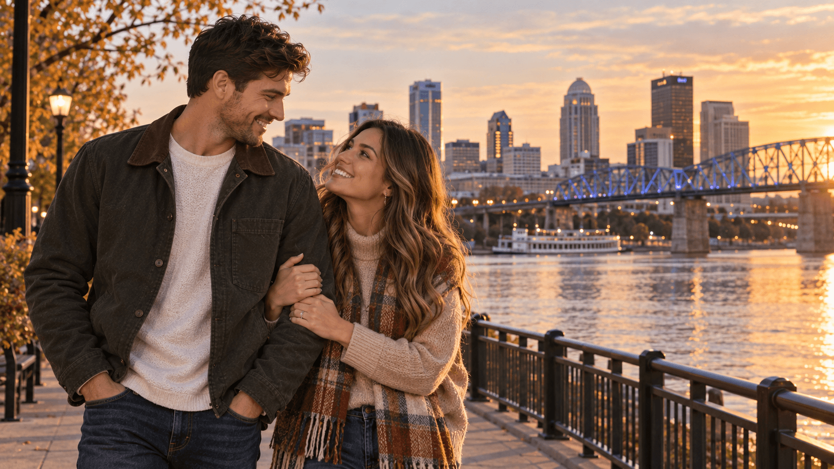 Couple wearing cross necklaces beside the Ohio River with a Louisville-inspired pedestrian bridge backdrop.