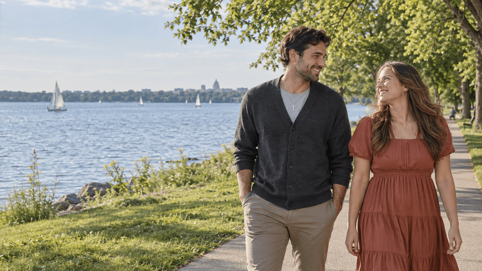 Couple with cross necklaces beside Lake Mendota at James Madison Park.