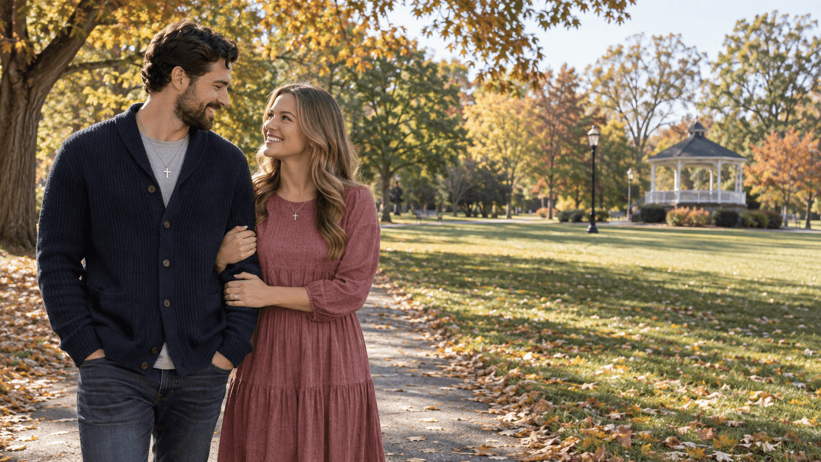 Couple wearing cross necklaces on a tree-lined path inspired by Stark Park in Manchester, New Hampshire.