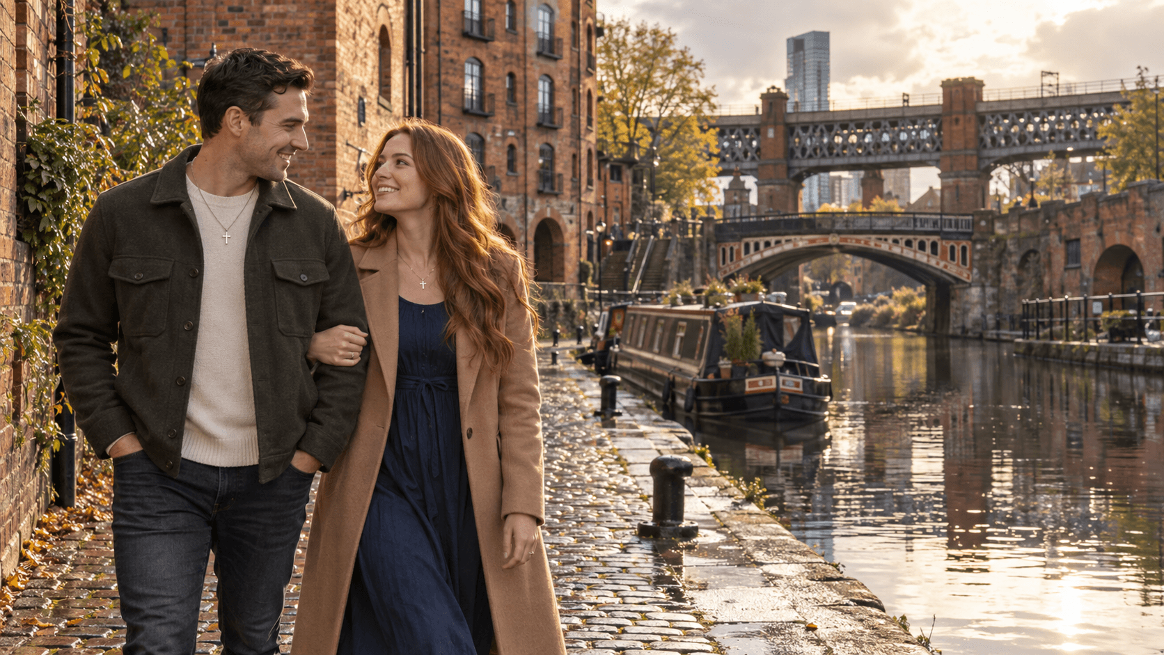 Couple wearing cross necklaces beside the canal in Castlefield, Manchester, with brick warehouses and iron bridges behind them.