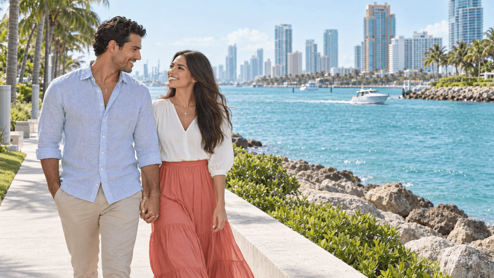 Couple wearing cross necklaces walking beside palms and turquoise water in a South Pointe Park-inspired scene in Miami Beach.
