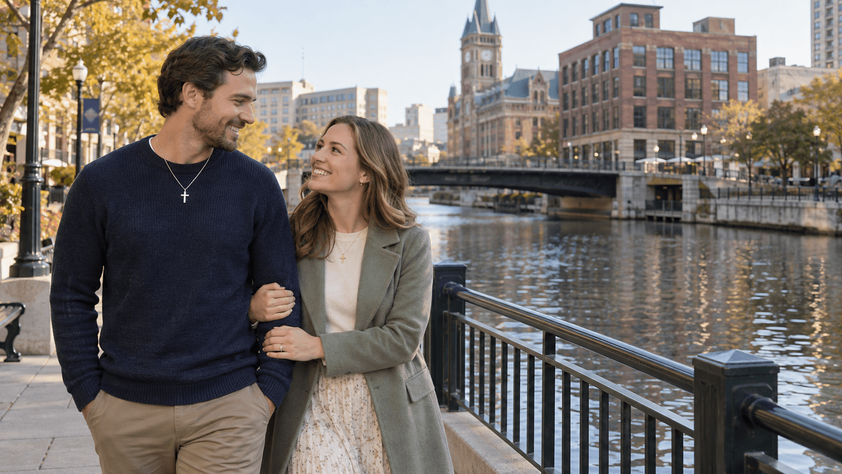 Christian couple beside the Milwaukee River on a downtown RiverWalk path.