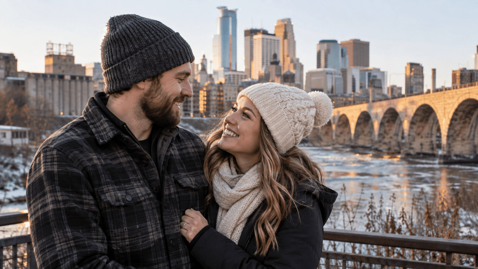 Couple wearing cross necklaces beside the Mississippi River with a Minneapolis-inspired stone bridge backdrop.