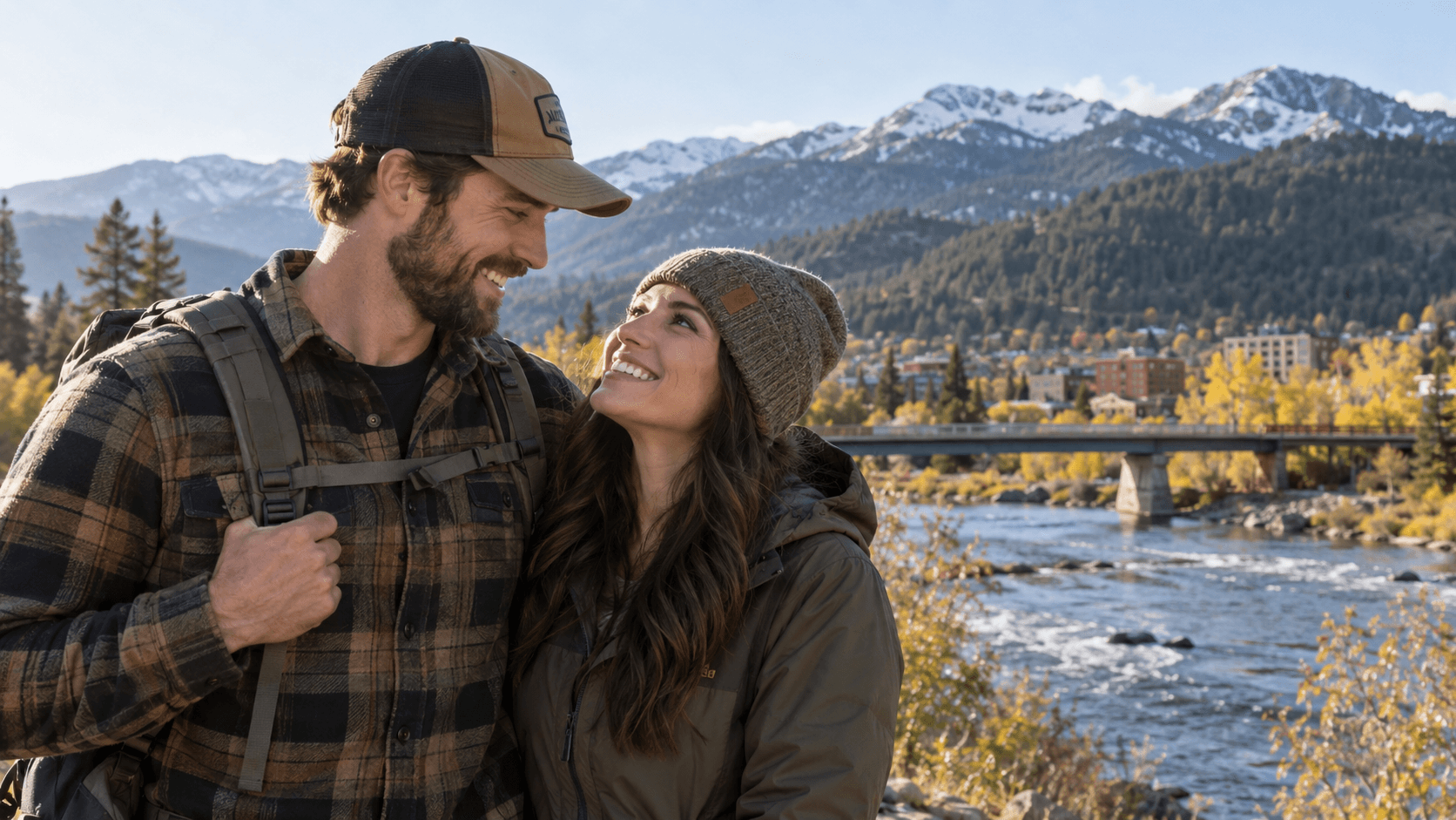 Couple wearing cross necklaces beside the Clark Fork River with Missoula-inspired wooded hills behind them.