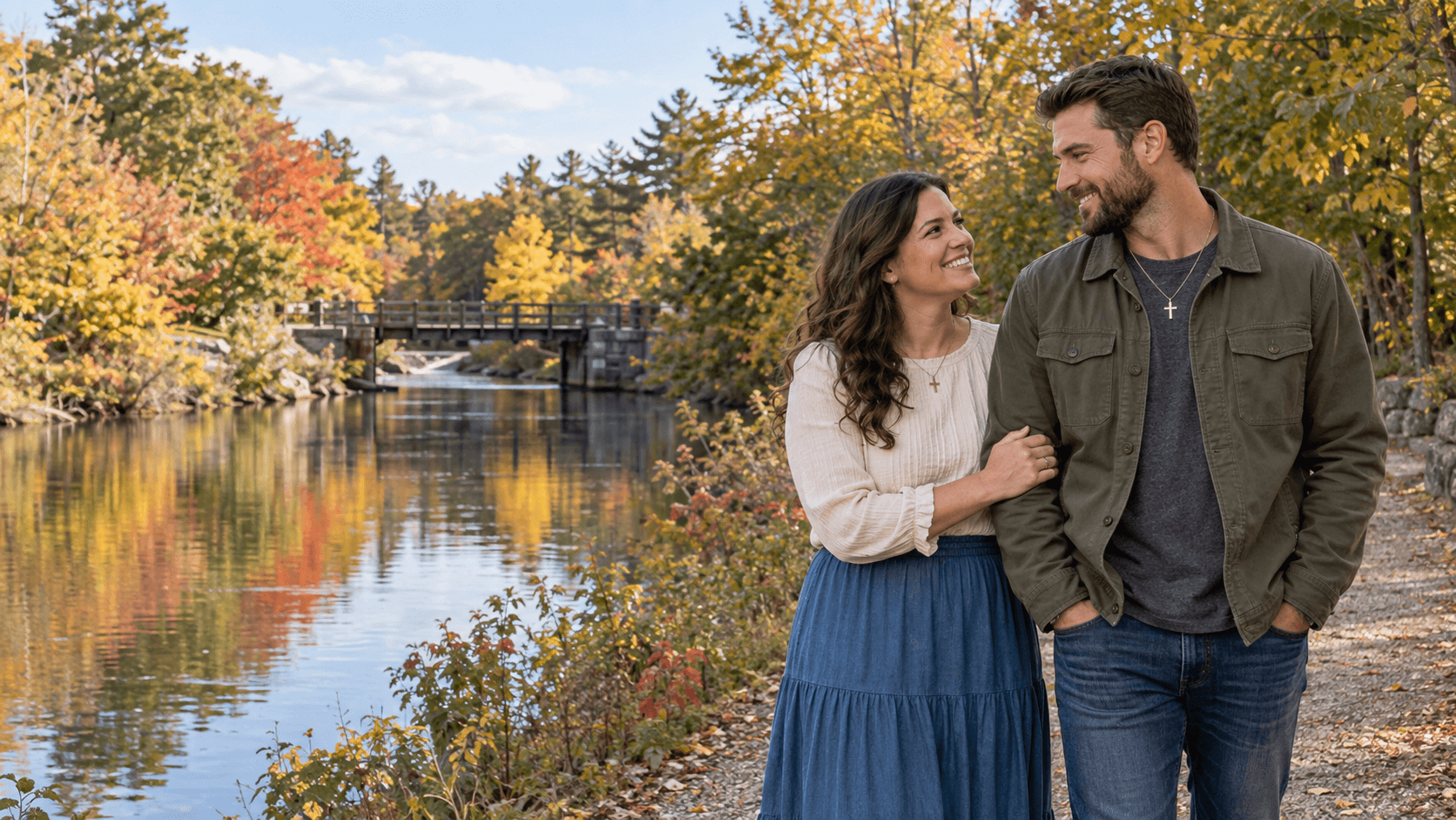 Couple wearing cross necklaces beside a wooded waterway inspired by Mine Falls Park in Nashua.